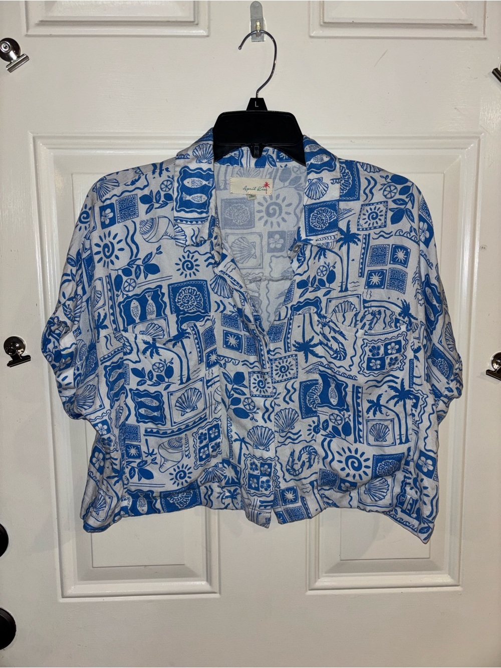 Blue & White Printed Crop Button-Up Top